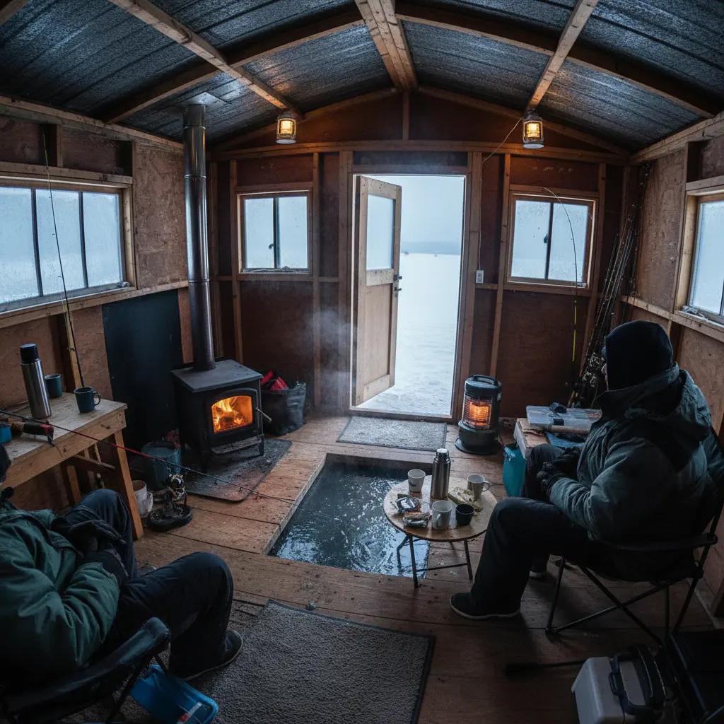 Interior de barraca de pesca aquecida