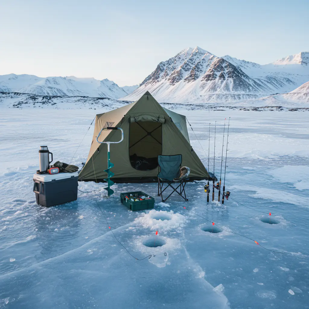 Equipamento de pesca no gelo em paisagem ártica
